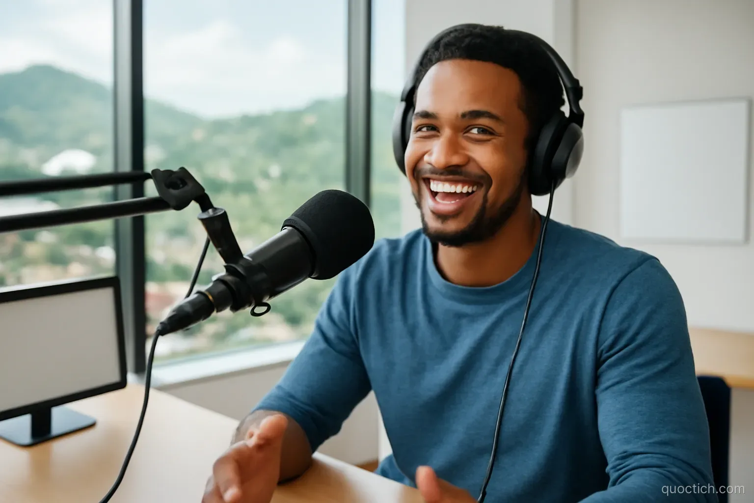A smiling Grenadian radio host with headphones speaking into a microphone in a bright modern studio with large windows overlooking the green hills of St George's, medium shot.