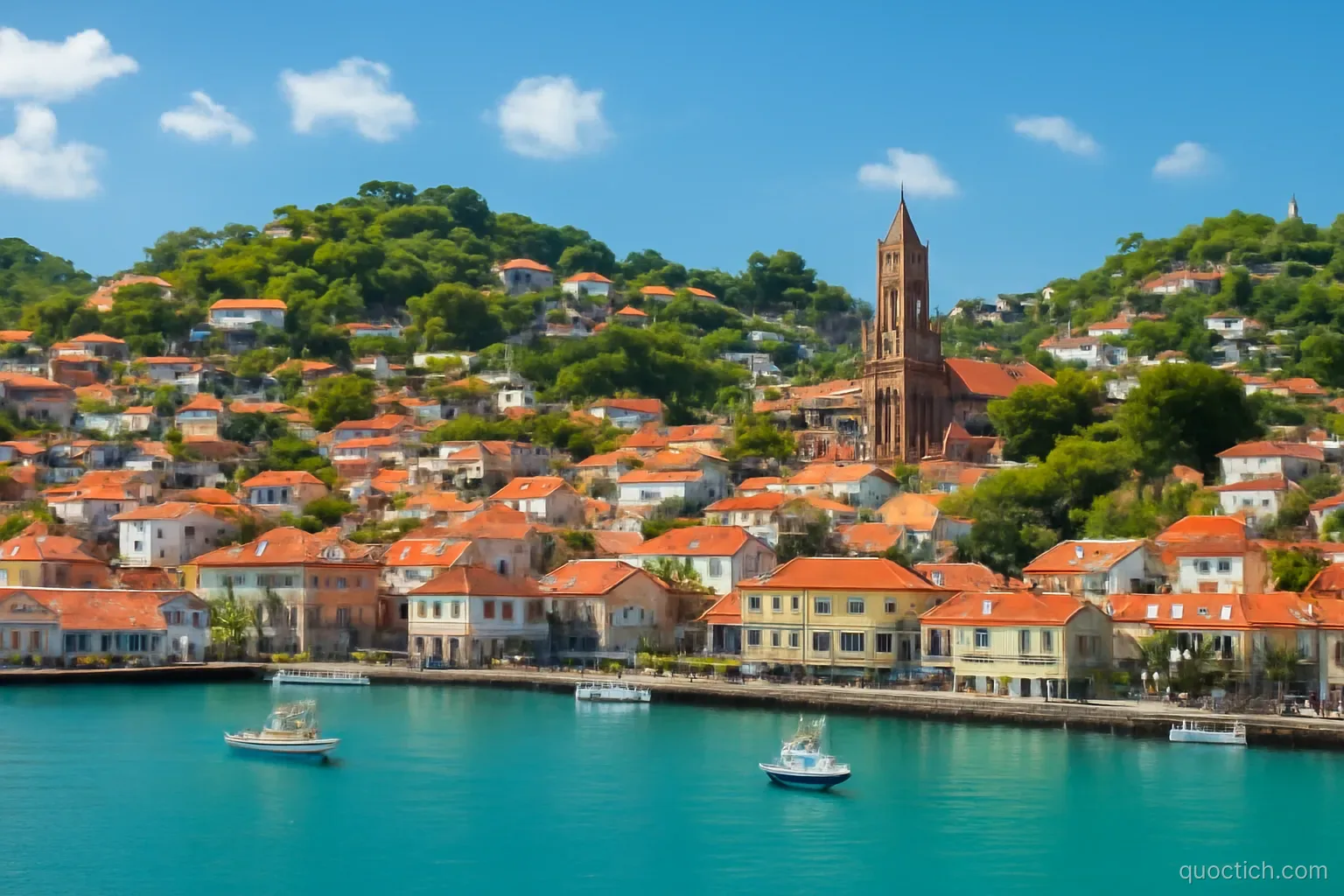 Wide sunny view over the red-roofed Carenage harbour of St George's, Grenada, with colourful hillside houses and the Anglican church tower rising above turquoise water.